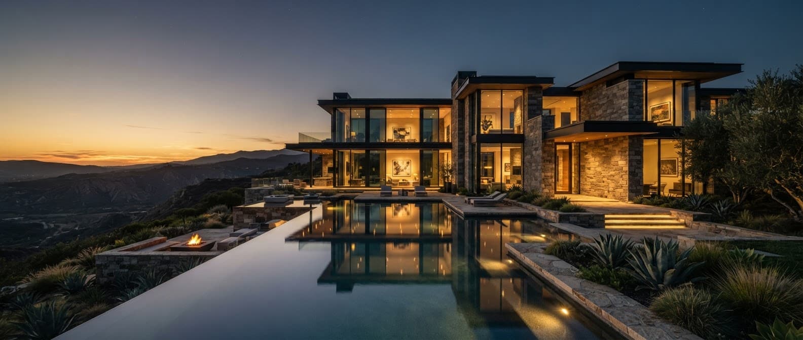 Modern custom estate at dusk